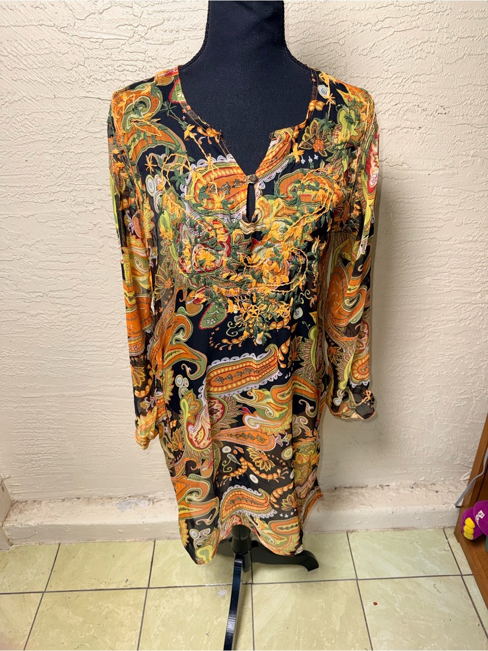 Raj Silk Paisley Embroidered Tunic Dress XL Boho Festival Resortwear Sheer